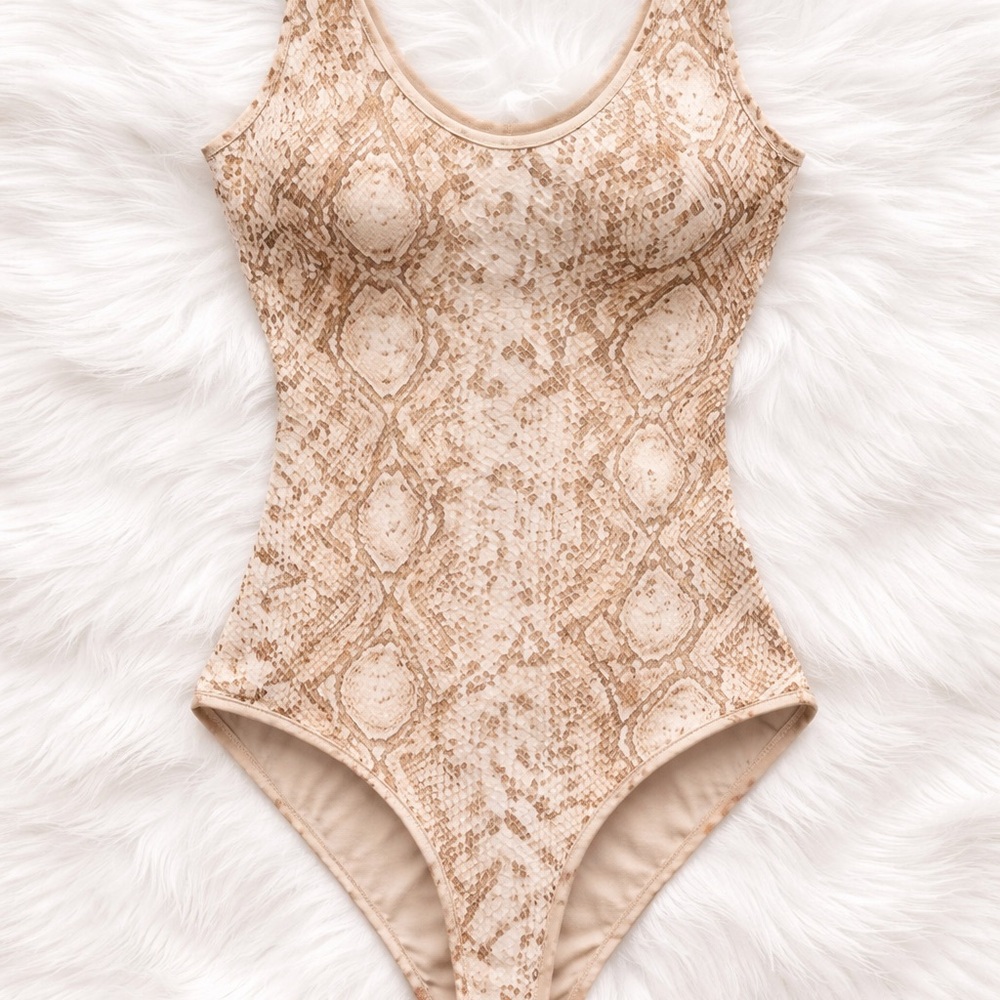 Beige Snake-Print One-Piece Swimsuit - Classic Scoop Neck